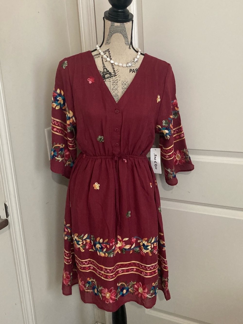 Women’s V-Neck Embroidered Bohemian Midi Dress in Burgundy